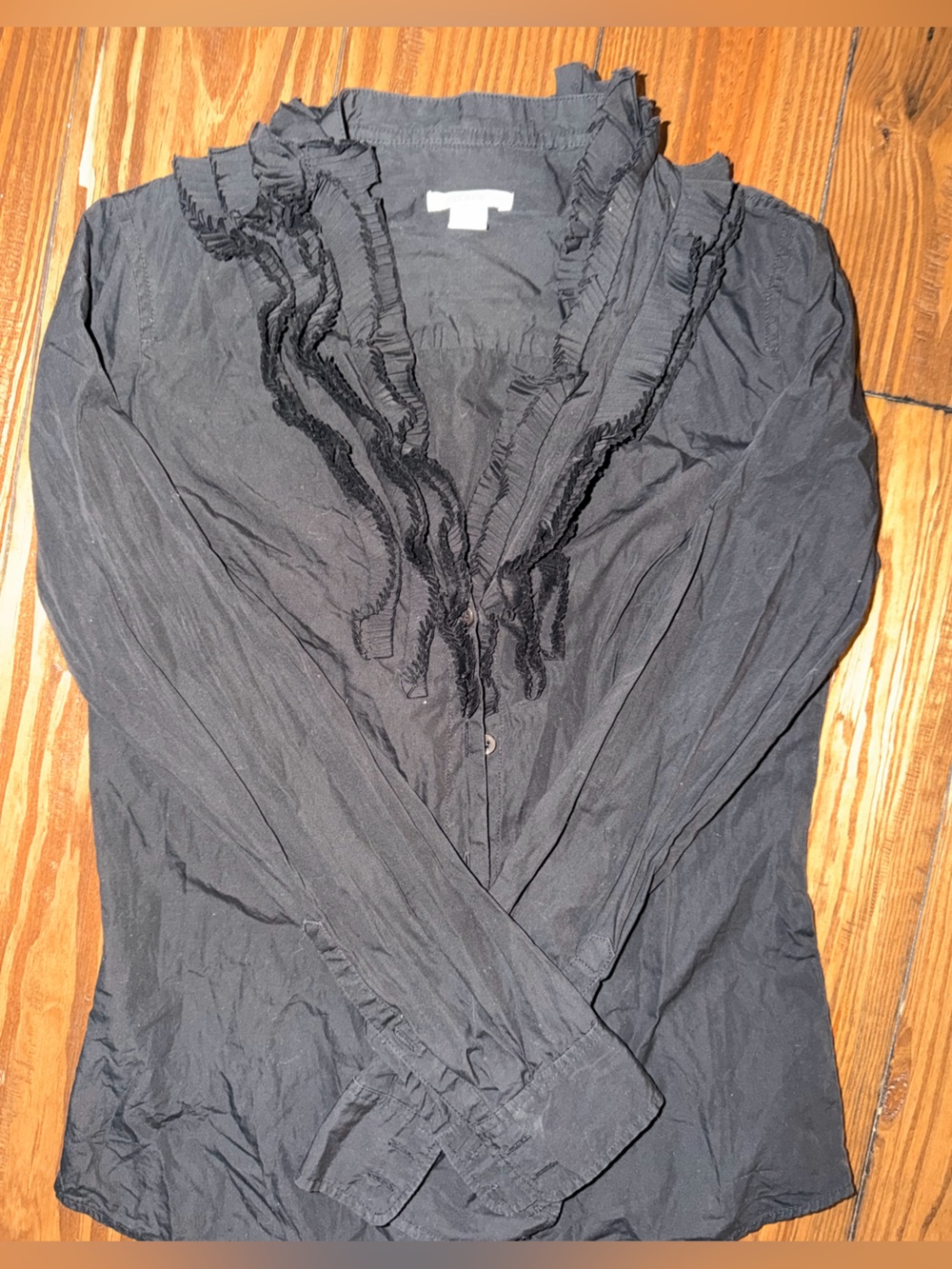 J. Crew Black Ruffle-Trim Button Front Blouse